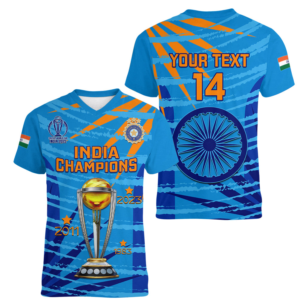 Custom India Cricket Women V Neck T Shirt 2023 World Cup 3rd Champions Proud - Wonder Print Shop