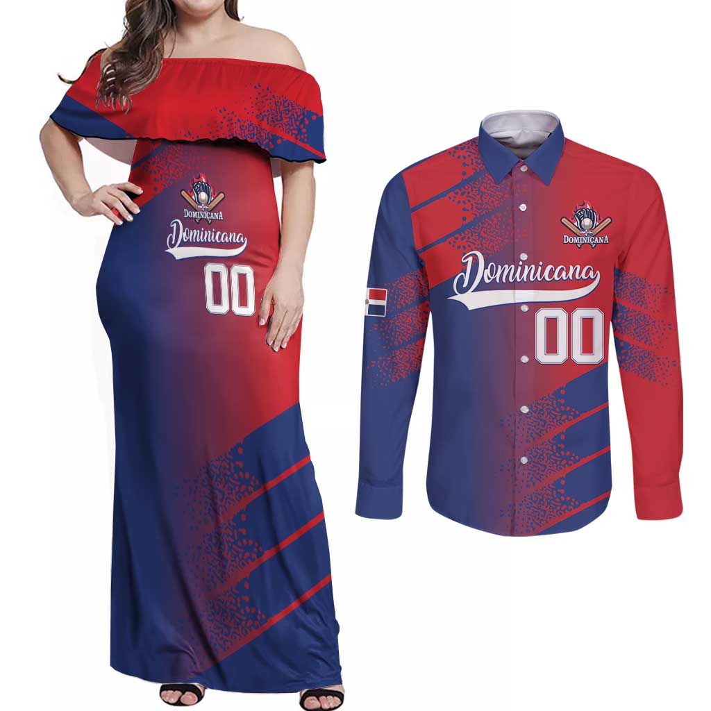 Custom Baseball Dominicana Couples Matching Off Shoulder Maxi Dress and Long Sleeve Button Shirt Go Champions Grunge Style - Wonder Print Shop