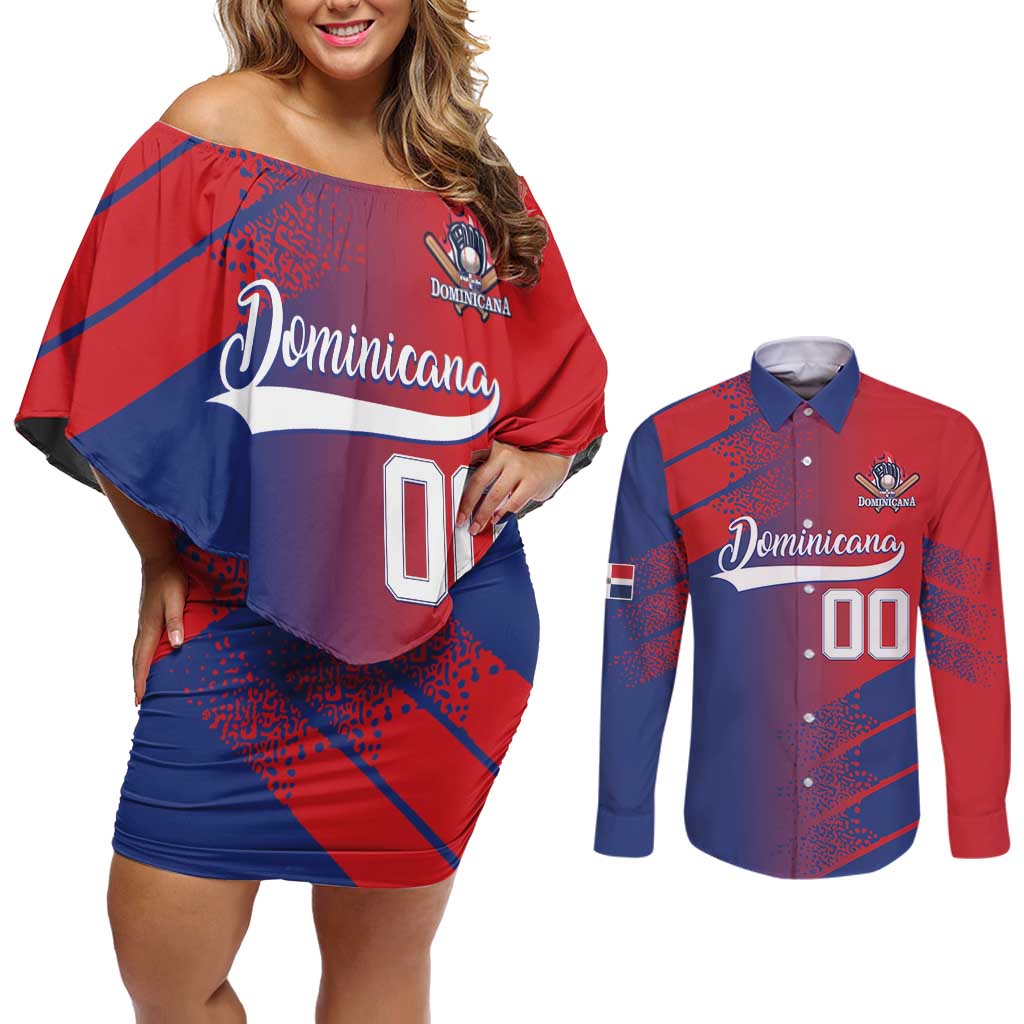 Custom Baseball Dominicana Couples Matching Off Shoulder Short Dress and Long Sleeve Button Shirt Go Champions Grunge Style - Wonder Print Shop