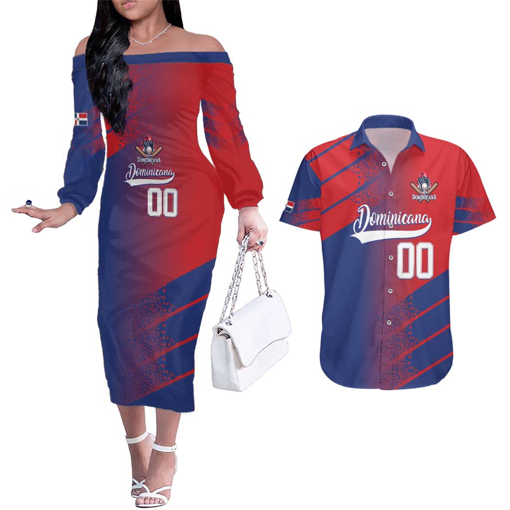 Custom Baseball Dominicana Couples Matching Off The Shoulder Long Sleeve Dress and Hawaiian Shirt Go Champions Grunge Style - Wonder Print Shop