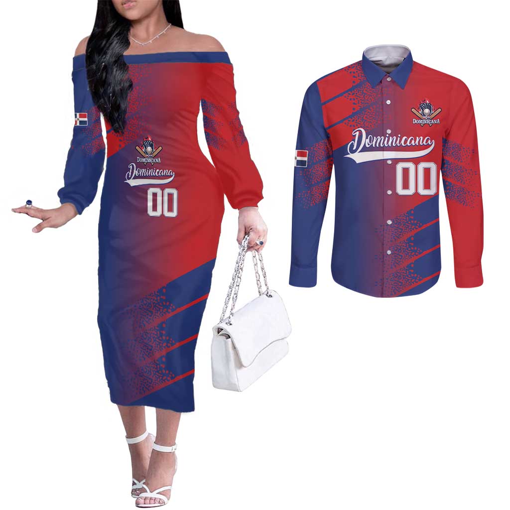 Custom Baseball Dominicana Couples Matching Off The Shoulder Long Sleeve Dress and Long Sleeve Button Shirt Go Champions Grunge Style