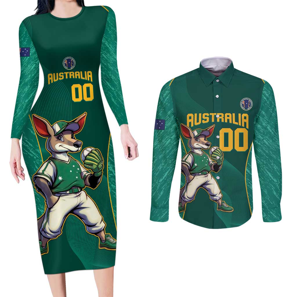 Custom Baseball Australia Couples Matching Long Sleeve Bodycon Dress and Long Sleeve Button Shirt Go Champions - Aussie Kangaroo Mascot - Wonder Print Shop