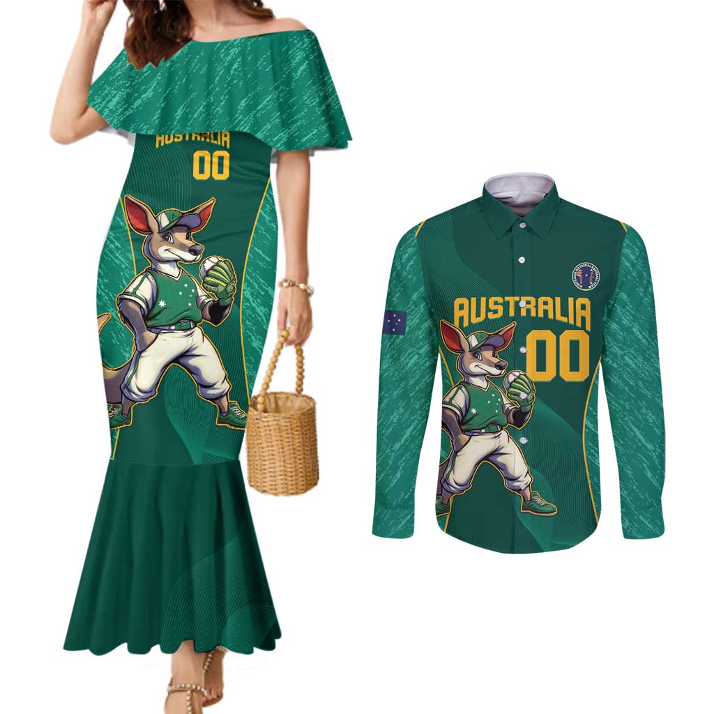 Custom Baseball Australia Couples Matching Mermaid Dress and Long Sleeve Button Shirt Go Champions - Aussie Kangaroo Mascot