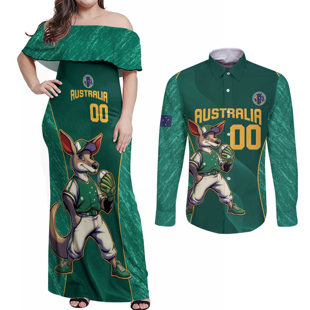 Custom Baseball Australia Couples Matching Off Shoulder Maxi Dress and Long Sleeve Button Shirt Go Champions - Aussie Kangaroo Mascot - Wonder Print Shop