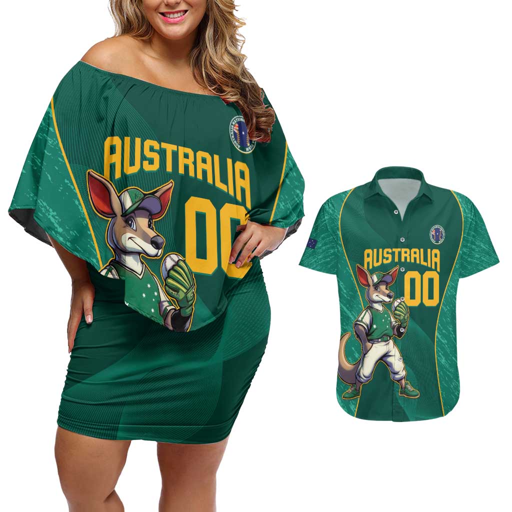 Custom Baseball Australia Couples Matching Off Shoulder Short Dress and Hawaiian Shirt Go Champions - Aussie Kangaroo Mascot - Wonder Print Shop