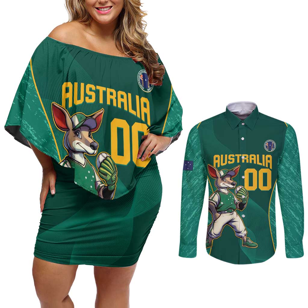 Custom Baseball Australia Couples Matching Off Shoulder Short Dress and Long Sleeve Button Shirt Go Champions - Aussie Kangaroo Mascot - Wonder Print Shop