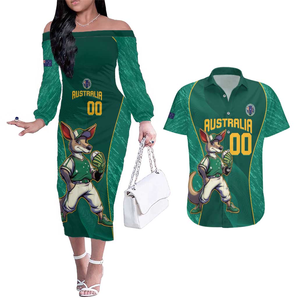 Custom Baseball Australia Couples Matching Off The Shoulder Long Sleeve Dress and Hawaiian Shirt Go Champions - Aussie Kangaroo Mascot - Wonder Print Shop