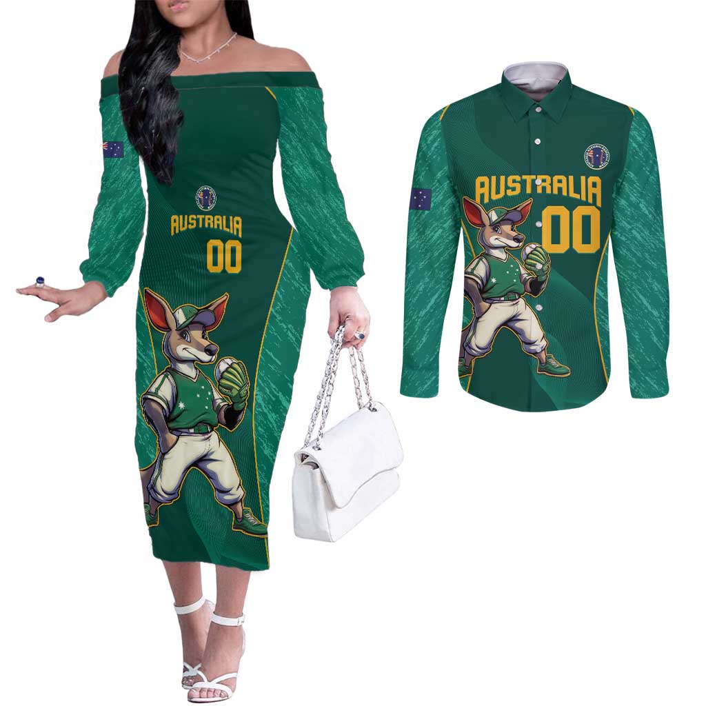 Custom Baseball Australia Couples Matching Off The Shoulder Long Sleeve Dress and Long Sleeve Button Shirt Go Champions - Aussie Kangaroo Mascot