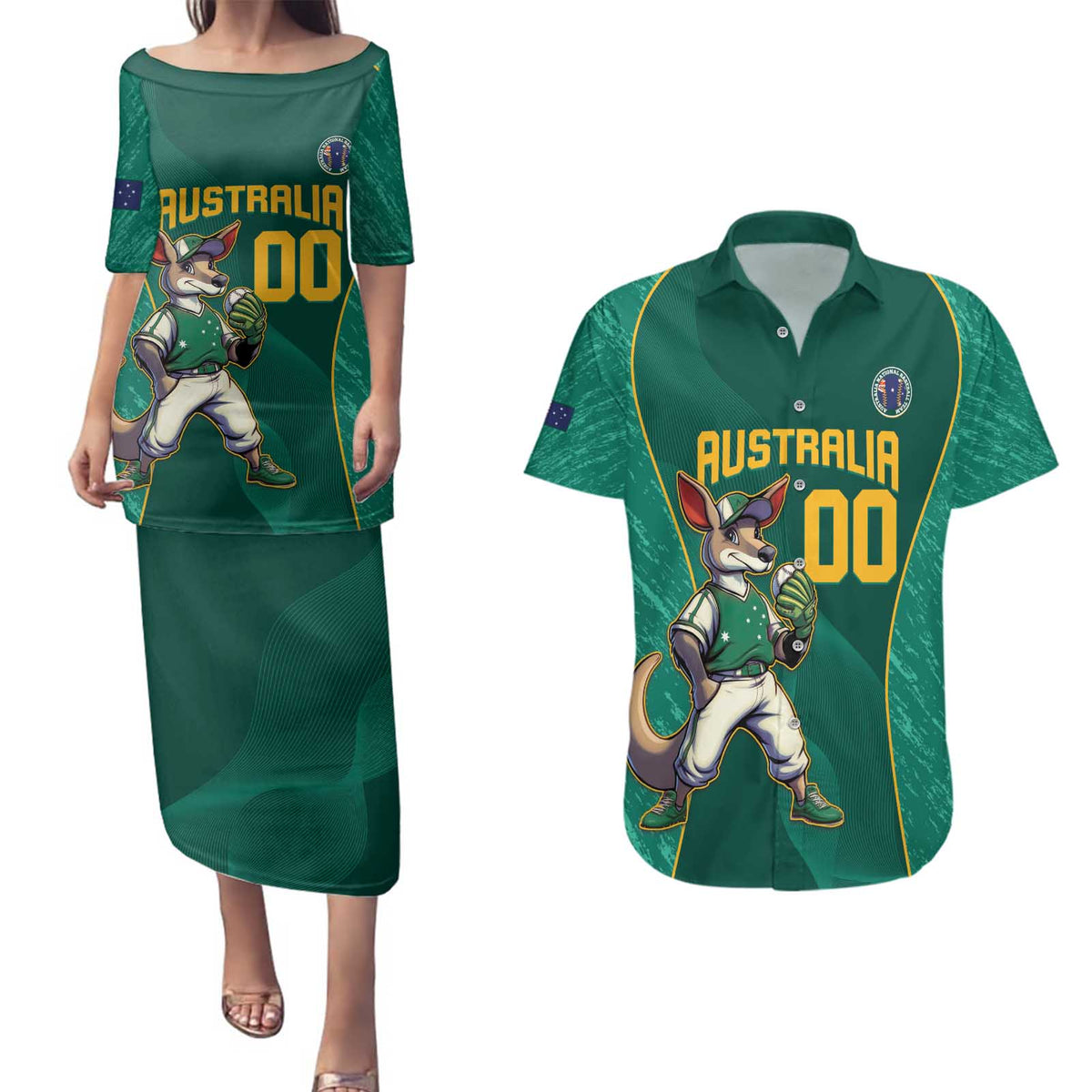 Custom Baseball Australia Couples Matching Puletasi and Hawaiian Shirt Go Champions - Aussie Kangaroo Mascot - Wonder Print Shop