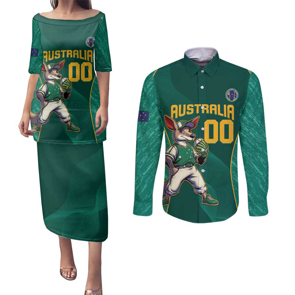 Custom Baseball Australia Couples Matching Puletasi and Long Sleeve Button Shirt Go Champions - Aussie Kangaroo Mascot - Wonder Print Shop