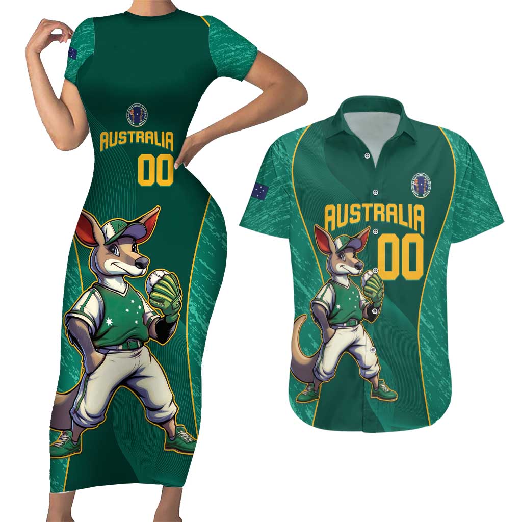 Custom Baseball Australia Couples Matching Short Sleeve Bodycon Dress and Hawaiian Shirt Go Champions - Aussie Kangaroo Mascot - Wonder Print Shop