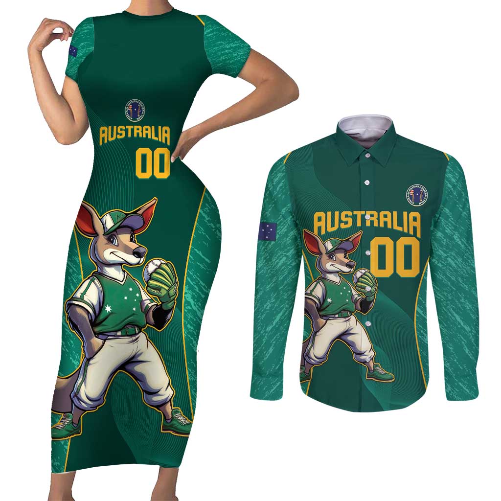 Custom Baseball Australia Couples Matching Short Sleeve Bodycon Dress and Long Sleeve Button Shirt Go Champions - Aussie Kangaroo Mascot - Wonder Print Shop