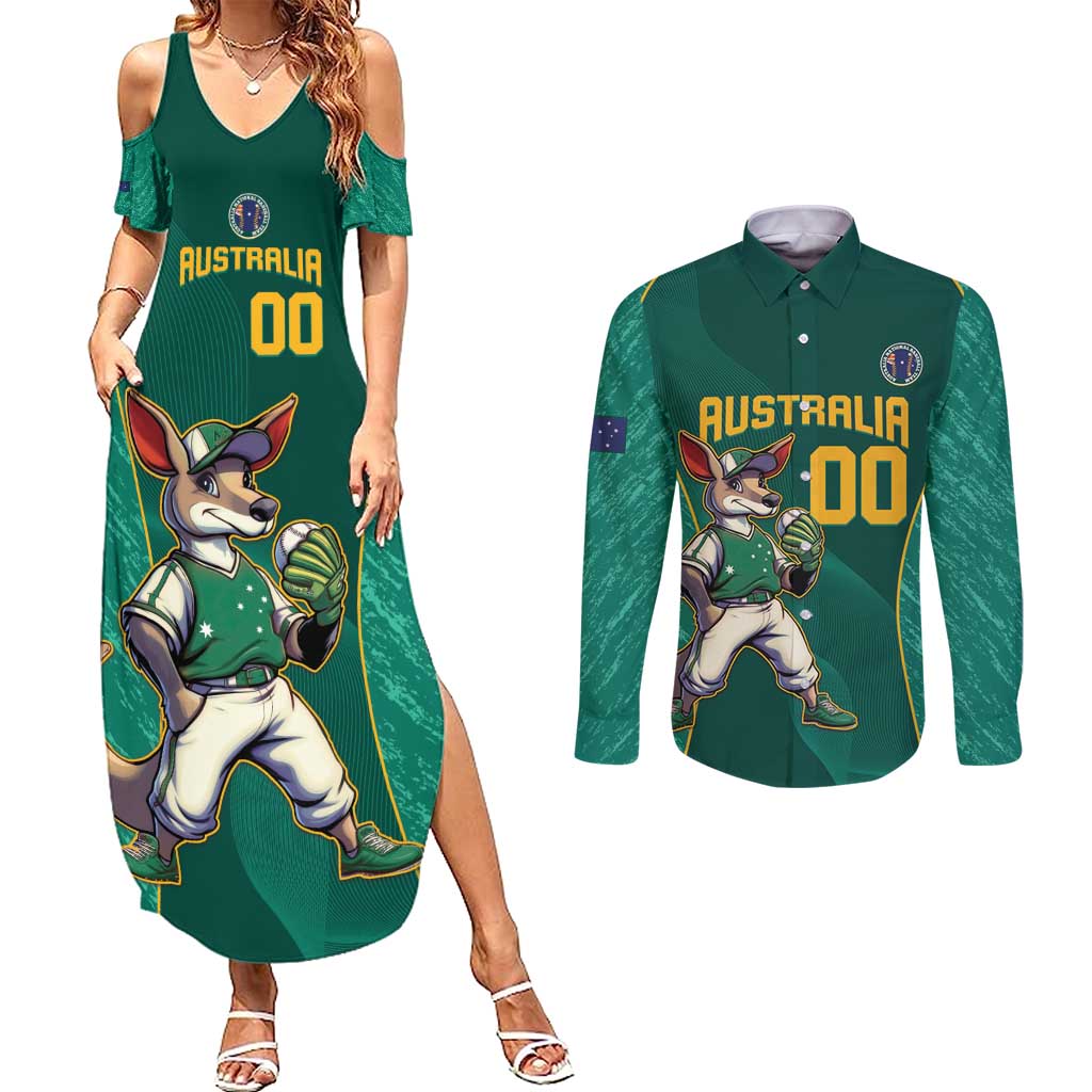 Custom Baseball Australia Couples Matching Summer Maxi Dress and Long Sleeve Button Shirt Go Champions - Aussie Kangaroo Mascot - Wonder Print Shop