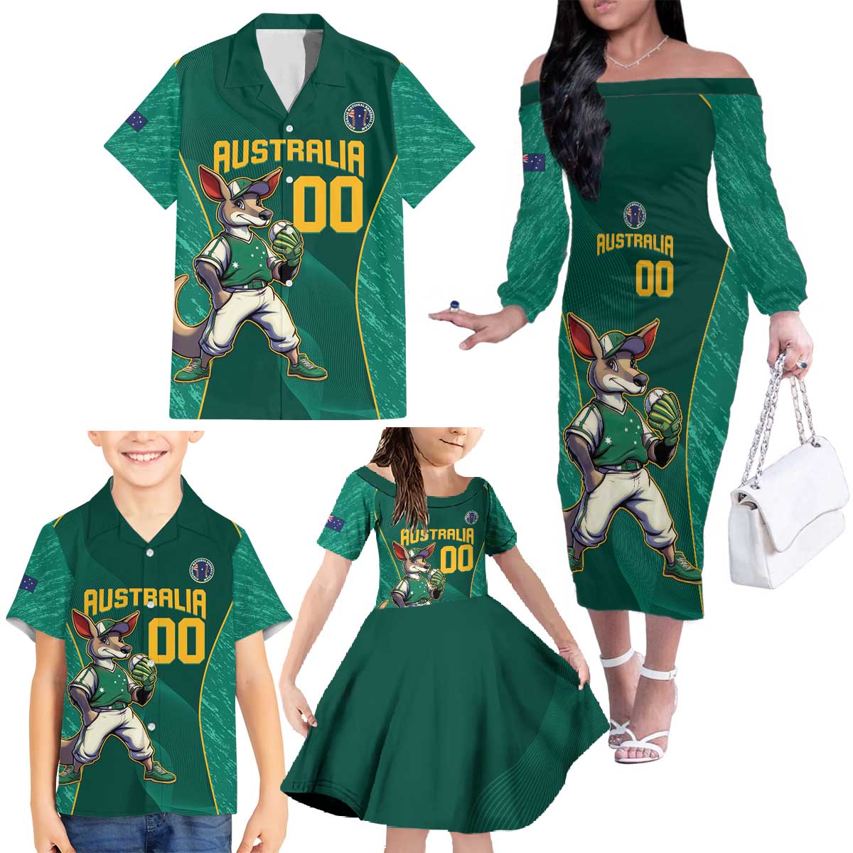 Custom Baseball Australia Family Matching Off The Shoulder Long Sleeve Dress and Hawaiian Shirt Go Champions - Aussie Kangaroo Mascot - Wonder Print Shop
