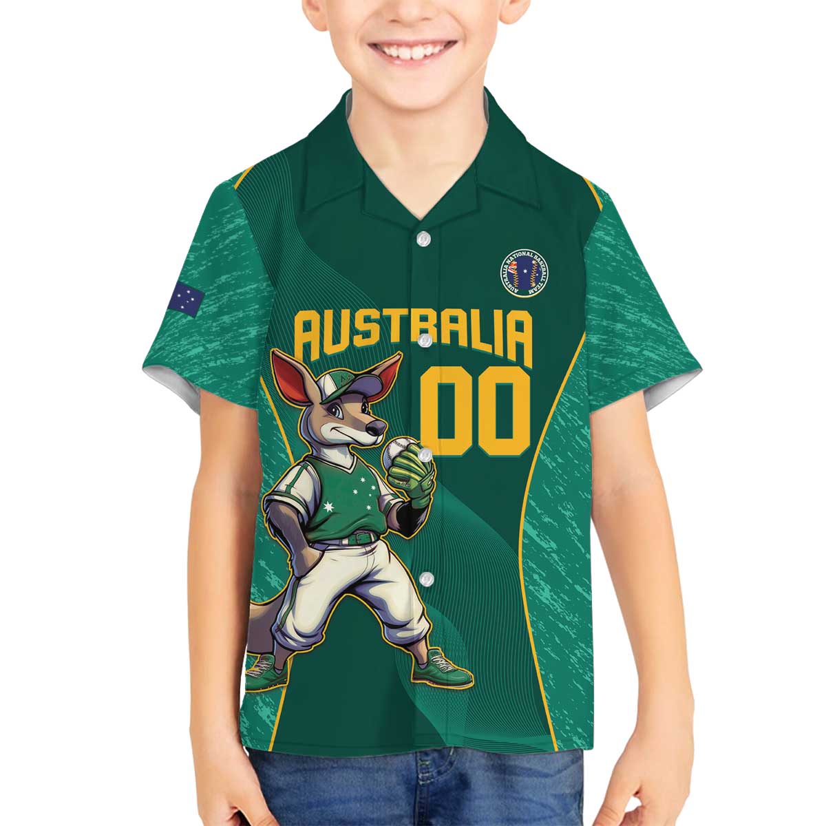 Custom Baseball Australia Family Matching Off The Shoulder Long Sleeve Dress and Hawaiian Shirt Go Champions - Aussie Kangaroo Mascot - Wonder Print Shop