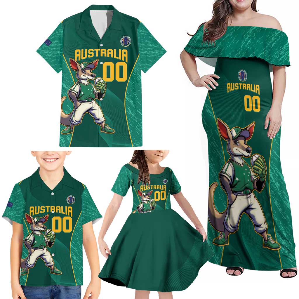 Custom Baseball Australia Family Matching Off Shoulder Maxi Dress and Hawaiian Shirt Go Champions - Aussie Kangaroo Mascot - Wonder Print Shop