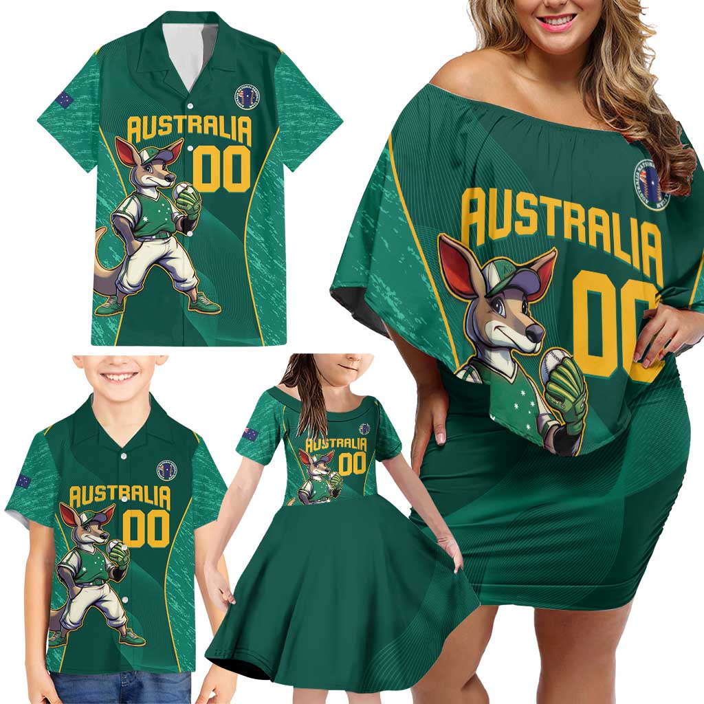 Custom Baseball Australia Family Matching Off Shoulder Short Dress and Hawaiian Shirt Go Champions - Aussie Kangaroo Mascot - Wonder Print Shop