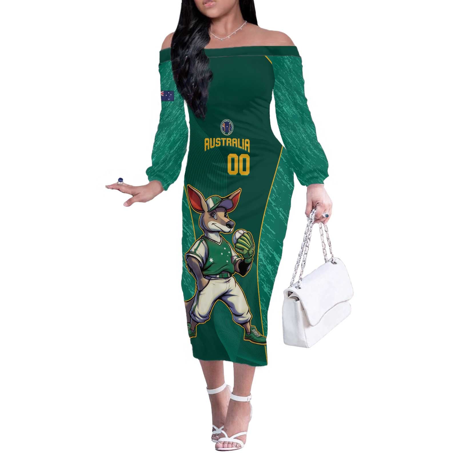Custom Baseball Australia Off The Shoulder Long Sleeve Dress Go Champions - Aussie Kangaroo Mascot - Wonder Print Shop