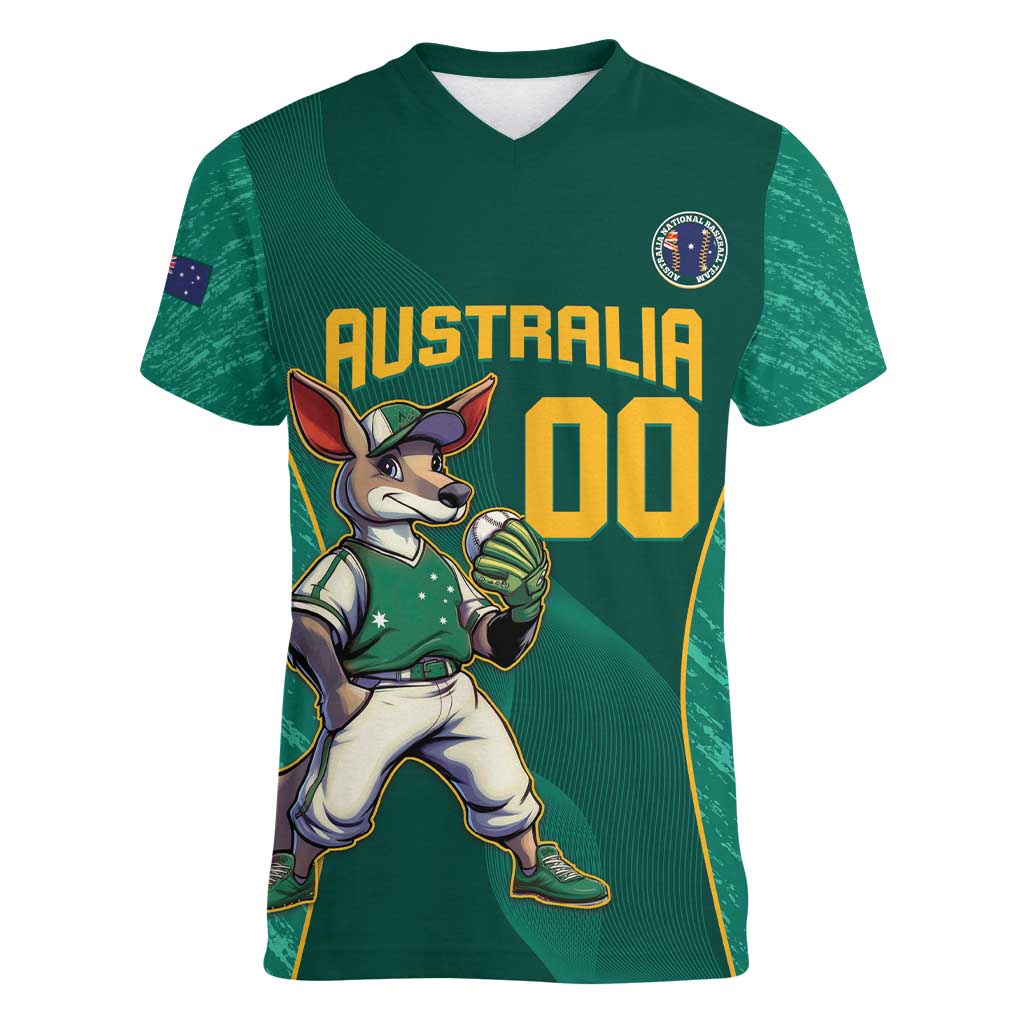 Custom Baseball Australia Women V-Neck T-Shirt Go Champions - Aussie Kangaroo Mascot - Wonder Print Shop