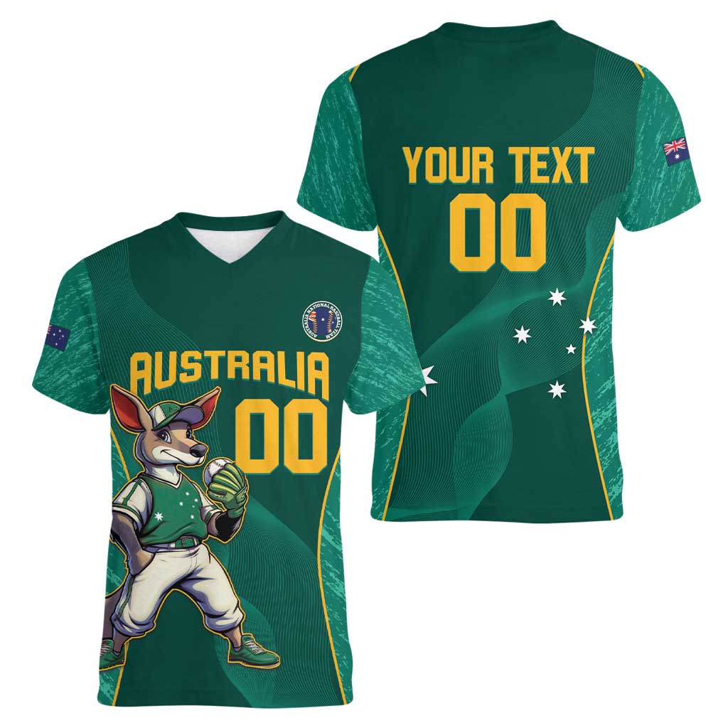Custom Baseball Australia Women V-Neck T-Shirt Go Champions - Aussie Kangaroo Mascot - Wonder Print Shop