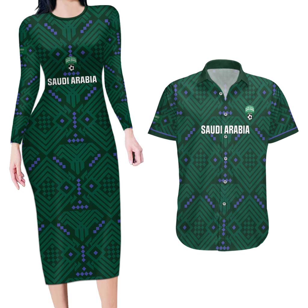 Custom Saudi Arabia Football Couples Matching Long Sleeve Bodycon Dress and Hawaiian Shirt 2026 Arabian Falcons Sporty Version - Wonder Print Shop