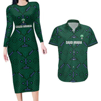 Custom Saudi Arabia Football Couples Matching Long Sleeve Bodycon Dress and Hawaiian Shirt 2026 Arabian Falcons Sporty Version - Wonder Print Shop