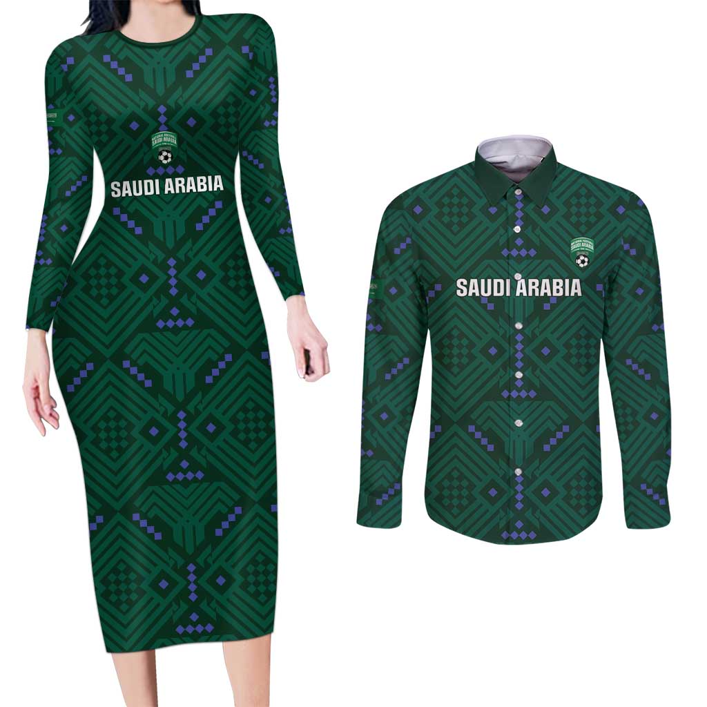 Custom Saudi Arabia Football Couples Matching Long Sleeve Bodycon Dress and Long Sleeve Button Shirt 2026 Arabian Falcons Sporty Version - Wonder Print Shop