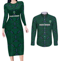 Custom Saudi Arabia Football Couples Matching Long Sleeve Bodycon Dress and Long Sleeve Button Shirt 2026 Arabian Falcons Sporty Version - Wonder Print Shop