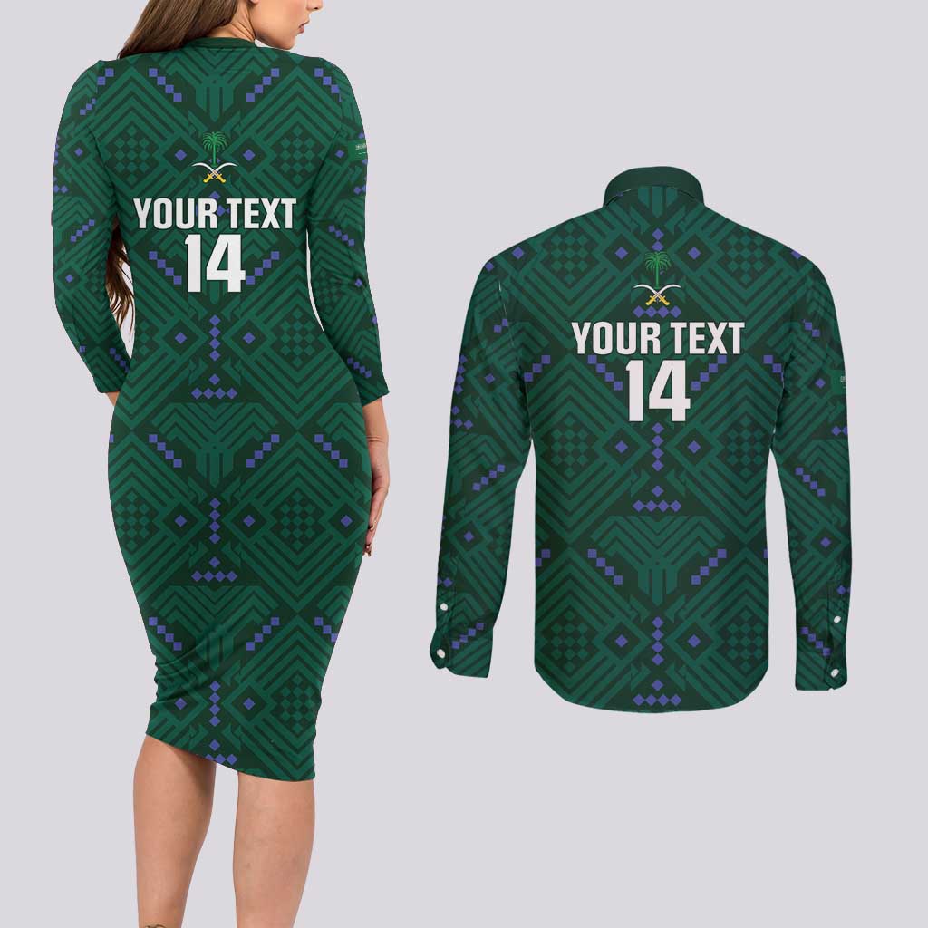 Custom Saudi Arabia Football Couples Matching Long Sleeve Bodycon Dress and Long Sleeve Button Shirt 2026 Arabian Falcons Sporty Version - Wonder Print Shop