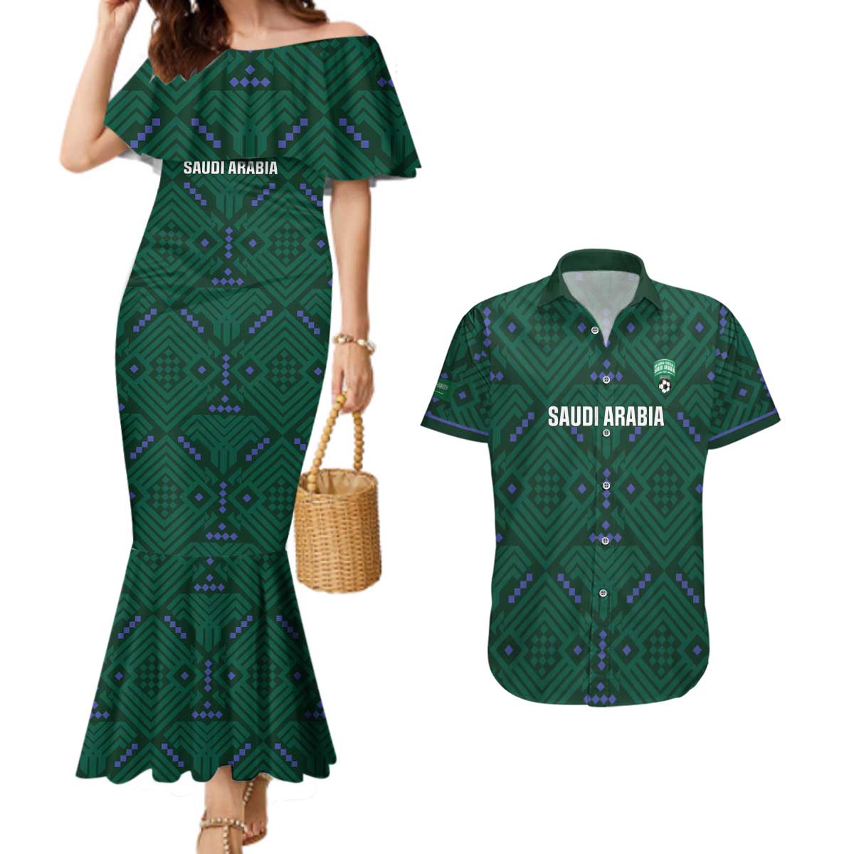 Custom Saudi Arabia Football Couples Matching Mermaid Dress and Hawaiian Shirt 2026 Arabian Falcons Sporty Version - Wonder Print Shop