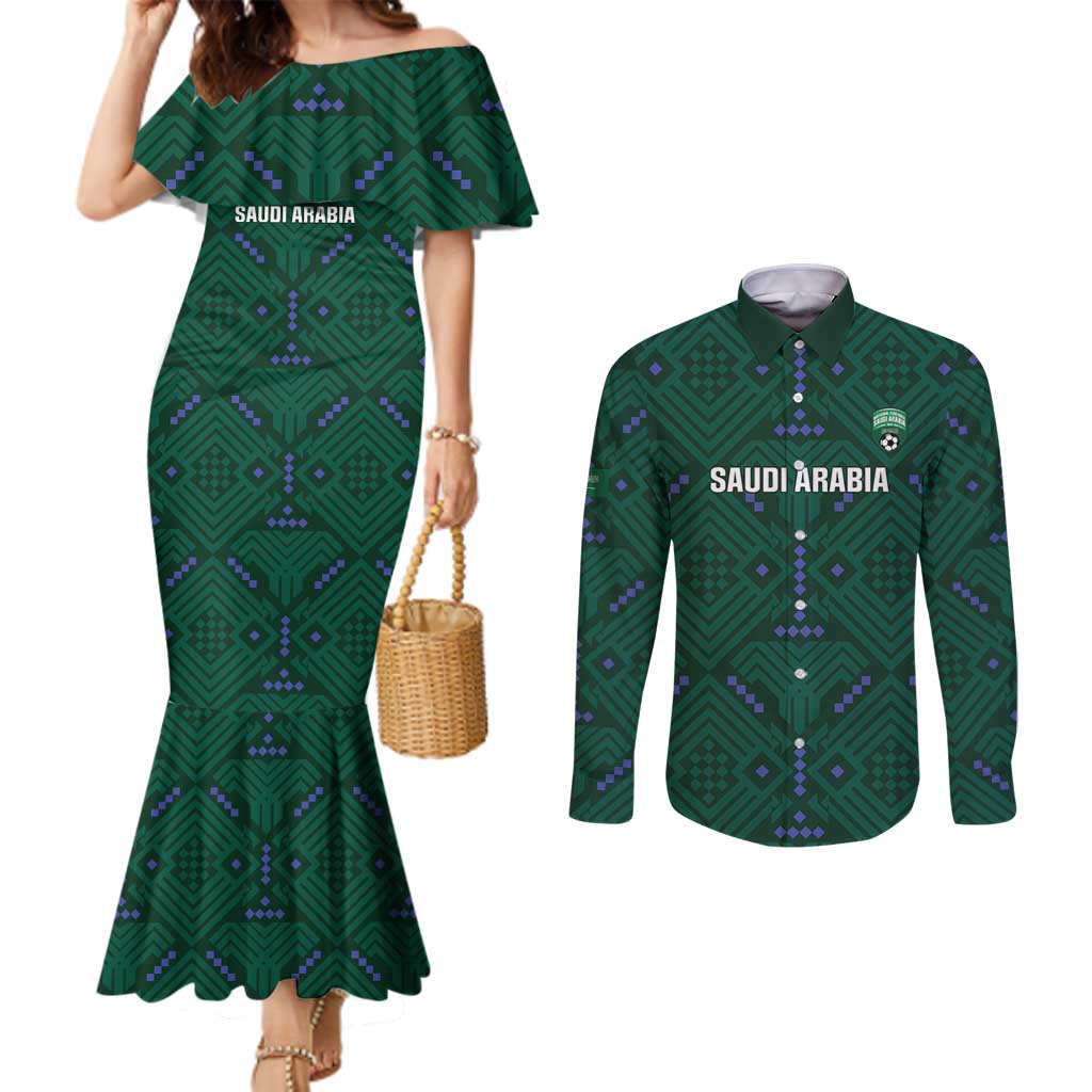 Custom Saudi Arabia Football Couples Matching Mermaid Dress and Long Sleeve Button Shirt 2026 Arabian Falcons Sporty Version - Wonder Print Shop
