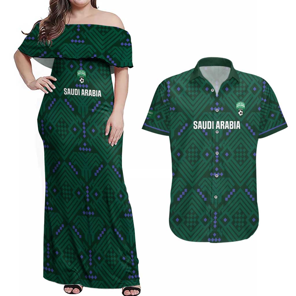 Custom Saudi Arabia Football Couples Matching Off Shoulder Maxi Dress and Hawaiian Shirt 2026 Arabian Falcons Sporty Version - Wonder Print Shop