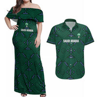 Custom Saudi Arabia Football Couples Matching Off Shoulder Maxi Dress and Hawaiian Shirt 2026 Arabian Falcons Sporty Version - Wonder Print Shop