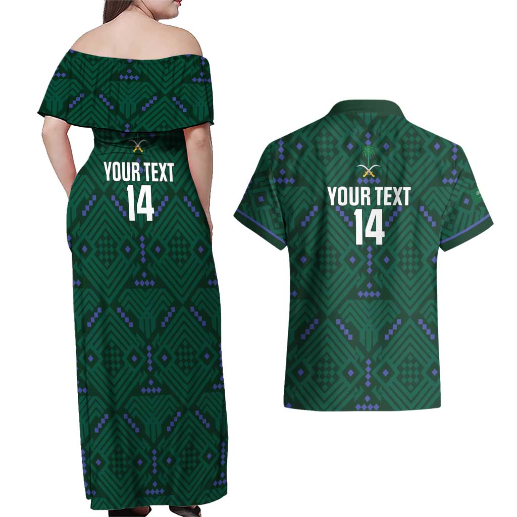 Custom Saudi Arabia Football Couples Matching Off Shoulder Maxi Dress and Hawaiian Shirt 2026 Arabian Falcons Sporty Version - Wonder Print Shop