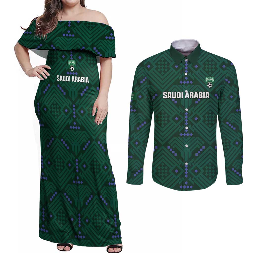 Custom Saudi Arabia Football Couples Matching Off Shoulder Maxi Dress and Long Sleeve Button Shirt 2026 Arabian Falcons Sporty Version - Wonder Print Shop