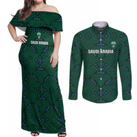 Custom Saudi Arabia Football Couples Matching Off Shoulder Maxi Dress and Long Sleeve Button Shirt 2026 Arabian Falcons Sporty Version - Wonder Print Shop