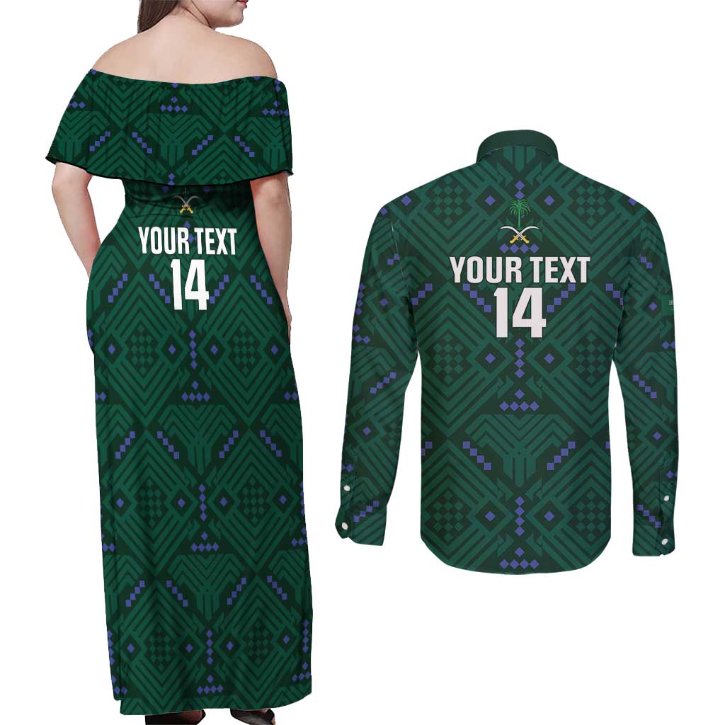 Custom Saudi Arabia Football Couples Matching Off Shoulder Maxi Dress and Long Sleeve Button Shirt 2026 Arabian Falcons Sporty Version - Wonder Print Shop