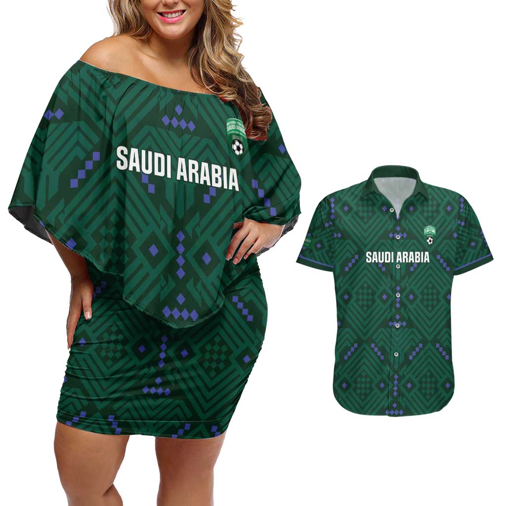 Custom Saudi Arabia Football Couples Matching Off Shoulder Short Dress and Hawaiian Shirt 2026 Arabian Falcons Sporty Version - Wonder Print Shop