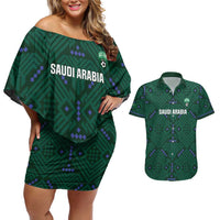 Custom Saudi Arabia Football Couples Matching Off Shoulder Short Dress and Hawaiian Shirt 2026 Arabian Falcons Sporty Version - Wonder Print Shop