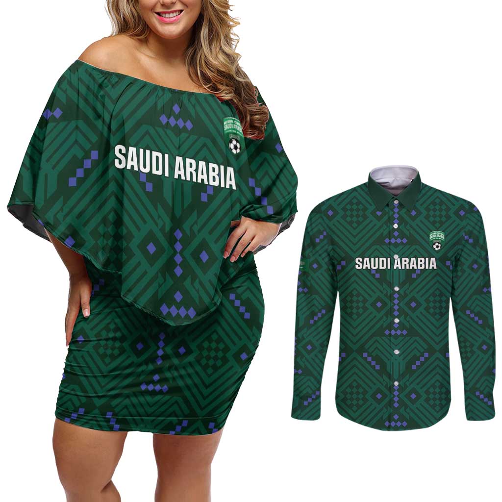 Custom Saudi Arabia Football Couples Matching Off Shoulder Short Dress and Long Sleeve Button Shirt 2026 Arabian Falcons Sporty Version - Wonder Print Shop