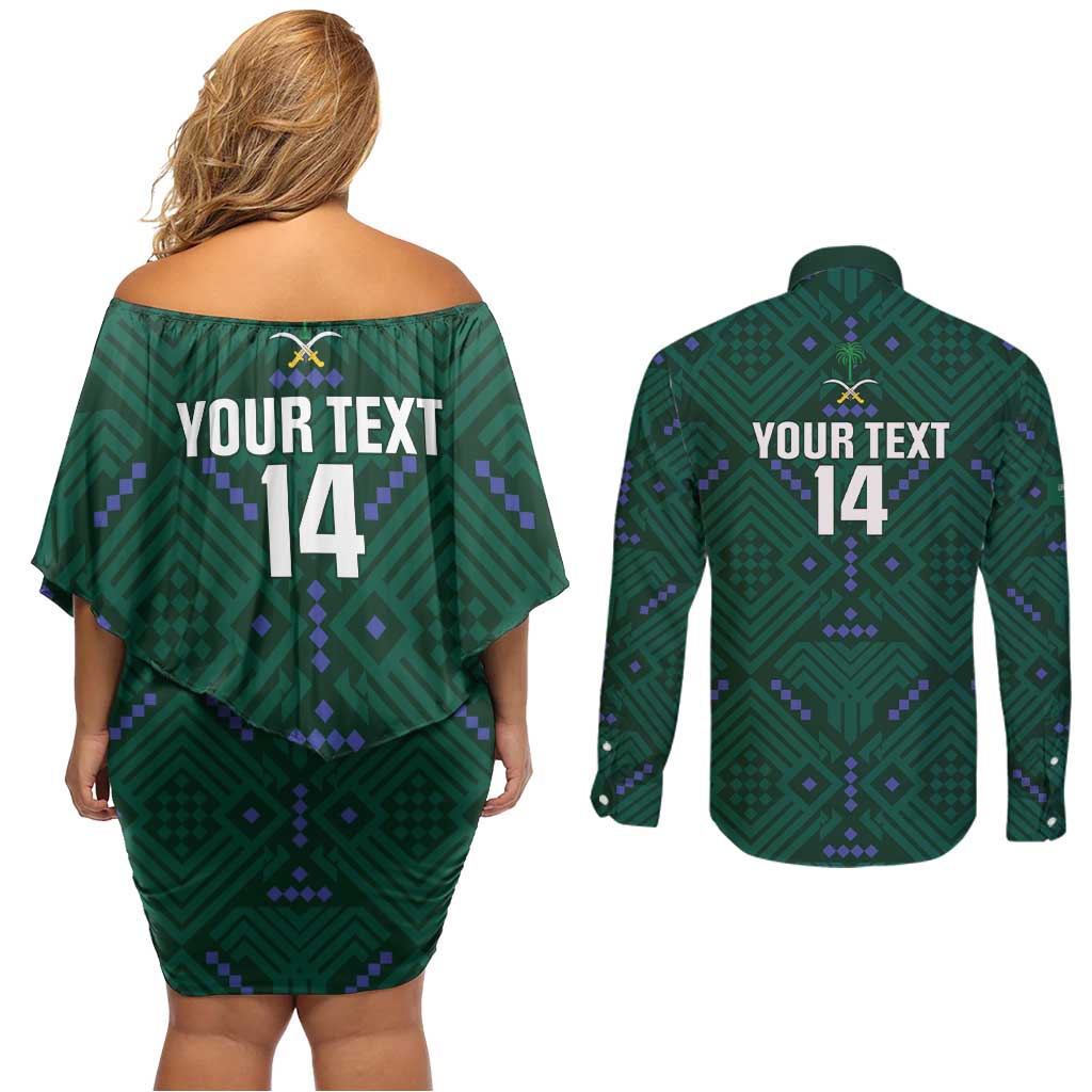 Custom Saudi Arabia Football Couples Matching Off Shoulder Short Dress and Long Sleeve Button Shirt 2026 Arabian Falcons Sporty Version - Wonder Print Shop