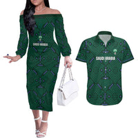 Custom Saudi Arabia Football Couples Matching Off The Shoulder Long Sleeve Dress and Hawaiian Shirt 2026 Arabian Falcons Sporty Version - Wonder Print Shop