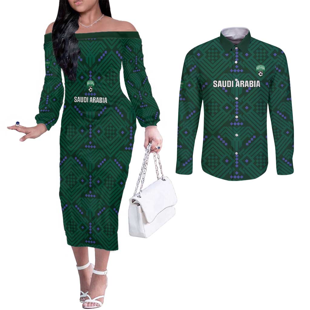Custom Saudi Arabia Football Couples Matching Off The Shoulder Long Sleeve Dress and Long Sleeve Button Shirt 2026 Arabian Falcons Sporty Version - Wonder Print Shop