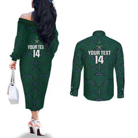 Custom Saudi Arabia Football Couples Matching Off The Shoulder Long Sleeve Dress and Long Sleeve Button Shirt 2026 Arabian Falcons Sporty Version - Wonder Print Shop