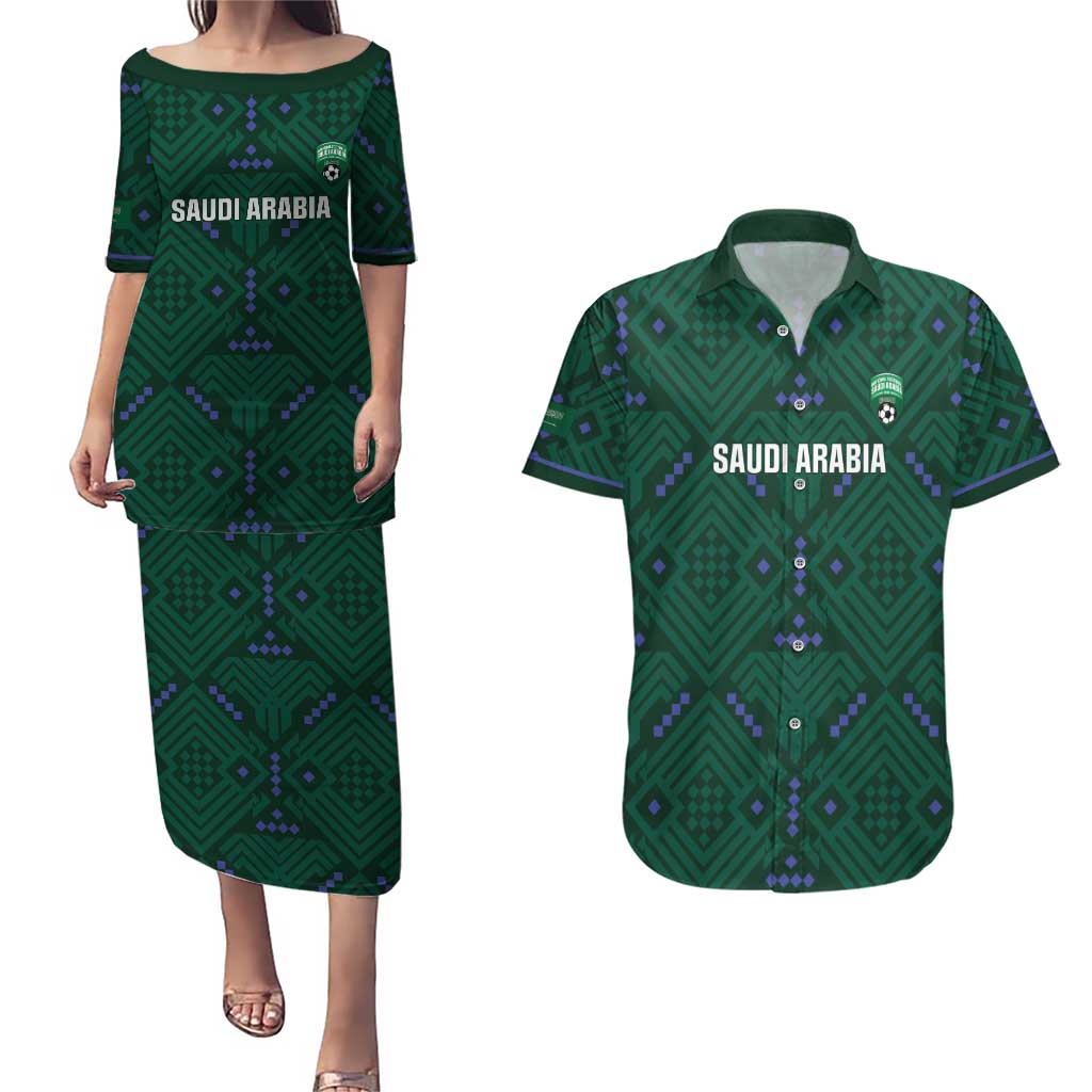 Custom Saudi Arabia Football Couples Matching Puletasi and Hawaiian Shirt 2026 Arabian Falcons Sporty Version - Wonder Print Shop