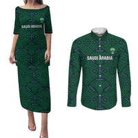 Custom Saudi Arabia Football Couples Matching Puletasi and Long Sleeve Button Shirt 2026 Arabian Falcons Sporty Version - Wonder Print Shop