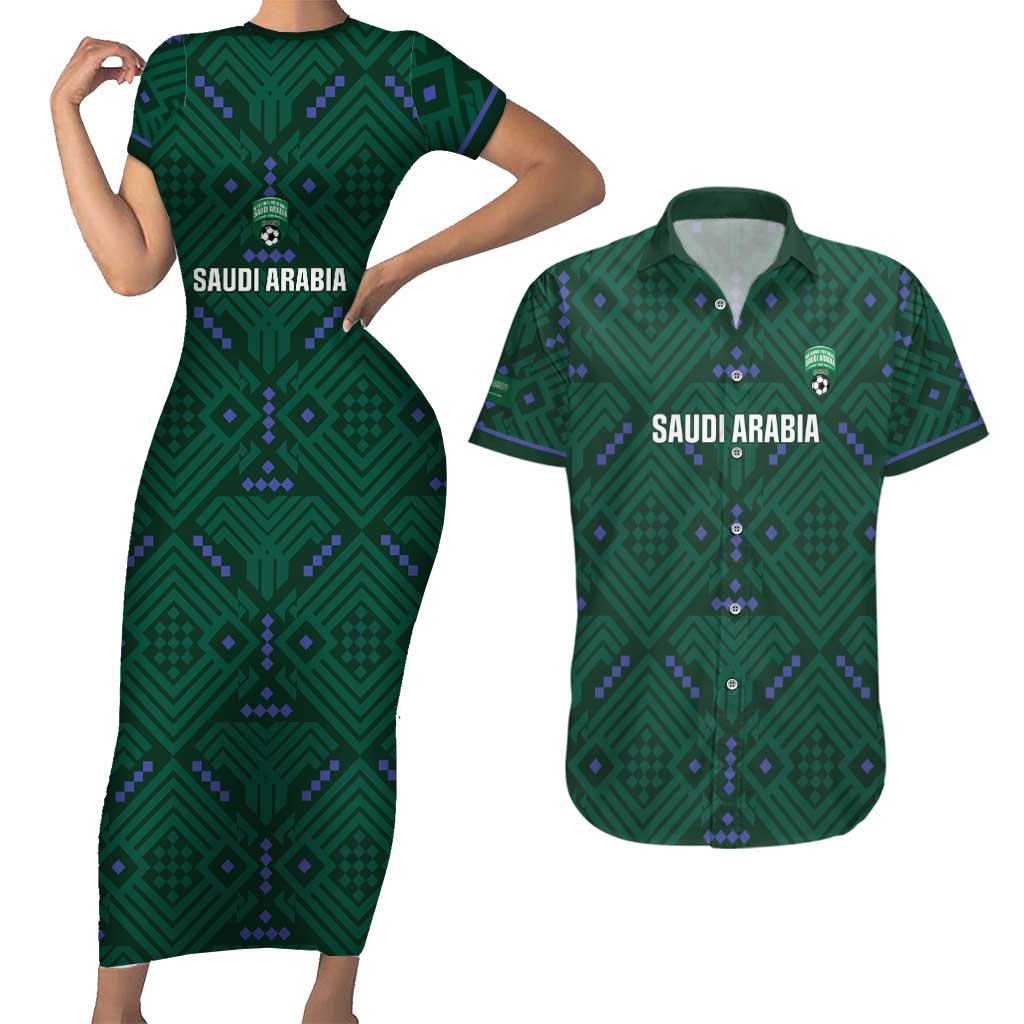 Custom Saudi Arabia Football Couples Matching Short Sleeve Bodycon Dress and Hawaiian Shirt 2026 Arabian Falcons Sporty Version - Wonder Print Shop