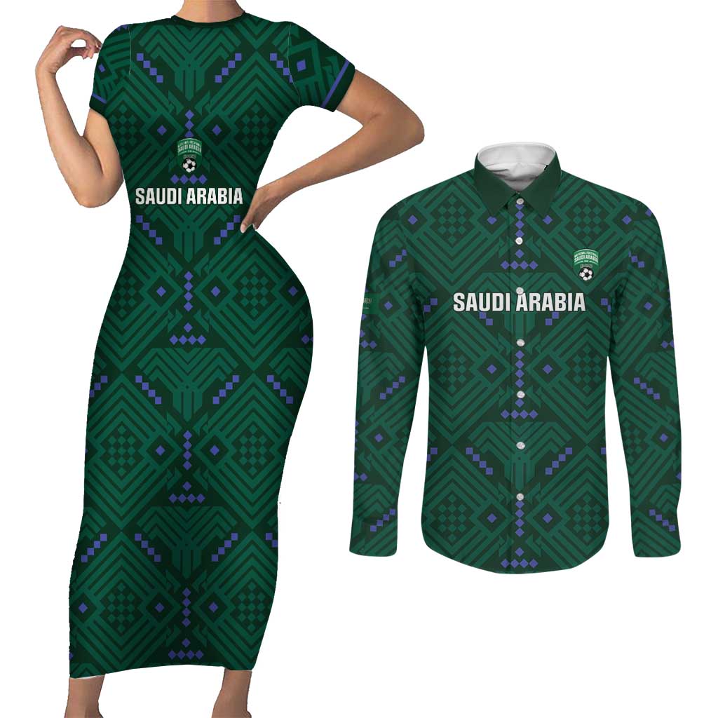 Custom Saudi Arabia Football Couples Matching Short Sleeve Bodycon Dress and Long Sleeve Button Shirt 2026 Arabian Falcons Sporty Version - Wonder Print Shop