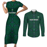 Custom Saudi Arabia Football Couples Matching Short Sleeve Bodycon Dress and Long Sleeve Button Shirt 2026 Arabian Falcons Sporty Version - Wonder Print Shop
