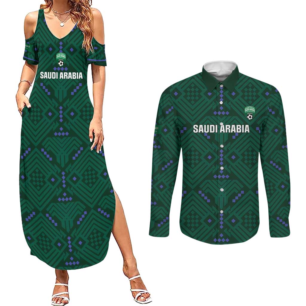 Custom Saudi Arabia Football Couples Matching Summer Maxi Dress and Long Sleeve Button Shirt 2026 Arabian Falcons Sporty Version - Wonder Print Shop